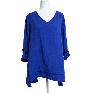 Ali Miles Womens Tunic Blue V-Neck Layered Hem Top Roll-Tab Sleeves Size XL